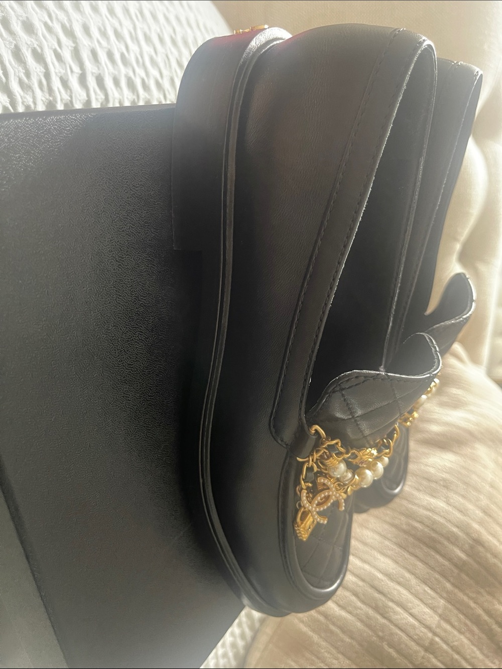 Authentic CHANEL Black Quilted Leather Pearl & Gold Chain Loafers - Picture 4 of 9
